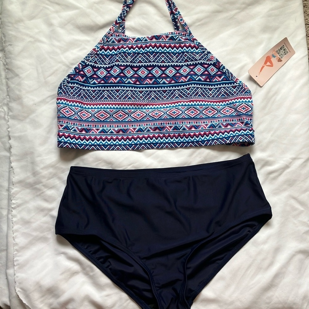 Attract Co Sports: Patterned Bikini Set- high waist bikini bottom- Halter top- M
